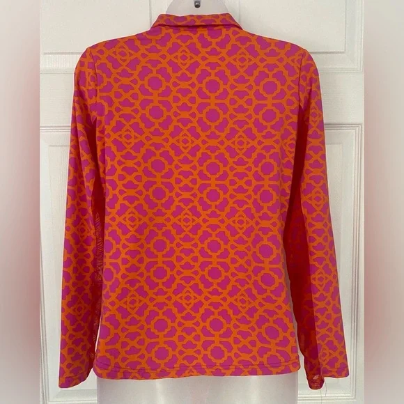 Icikuls UPF 50+ mock neck 1/4 zip top pink orange mosaic long sleeve Size Small - Picture 2 of 12